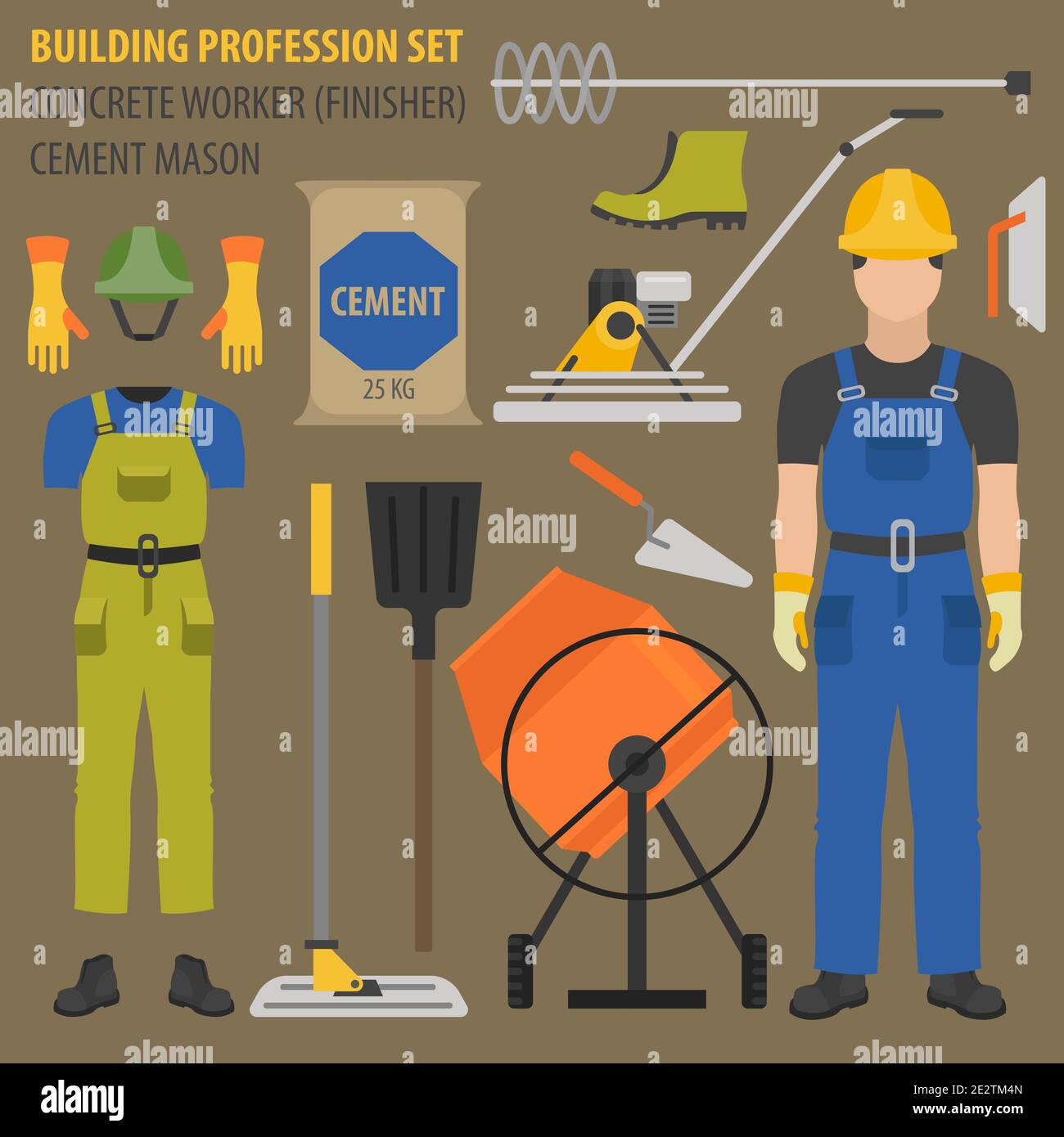 Profession and occupation set. Concrete worker tools and equipment, mason`s uniform flat design